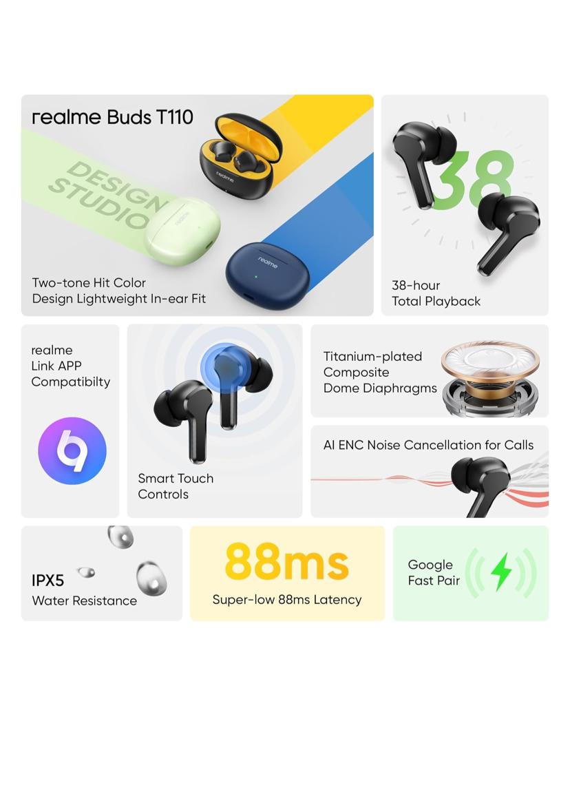 realme Buds T110 Bluetooth Truly Wireless in Ear Earbuds with mic